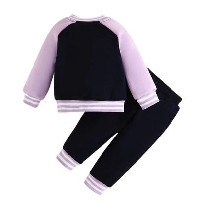 The Ophelia - Baby Girl Purple Letter M Baseball Button Jacket + Pants