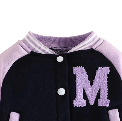 The Ophelia - Baby Girl Purple Letter M Baseball Button Jacket + Pants