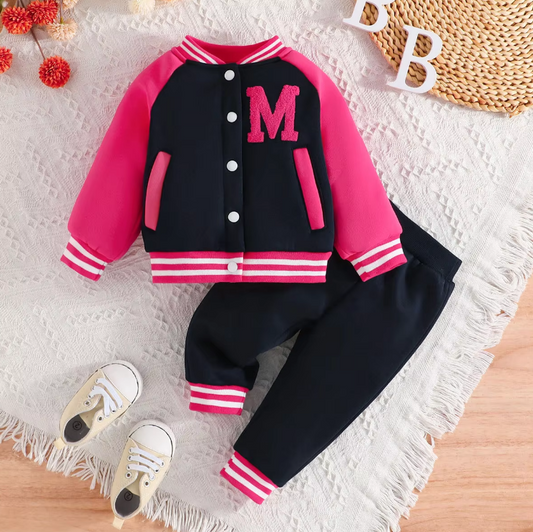 The Ophelia - Baby Girl Dark Pink Letter M Baseball Button Jacket + Pants