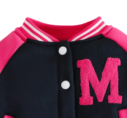 The Ophelia - Baby Girl Dark Pink Letter M Baseball Button Jacket + Pants