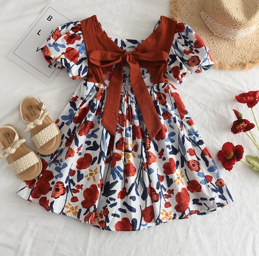 The Aurora - Baby Girl Floral Princess Dress Backless Tie Bow Puff Sleeve