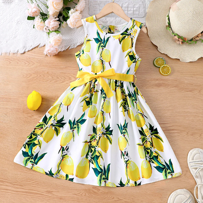 The Daphne - Baby Girl Romantic Yellow Floral Countryside Vacation Style Bow & Tie Dress