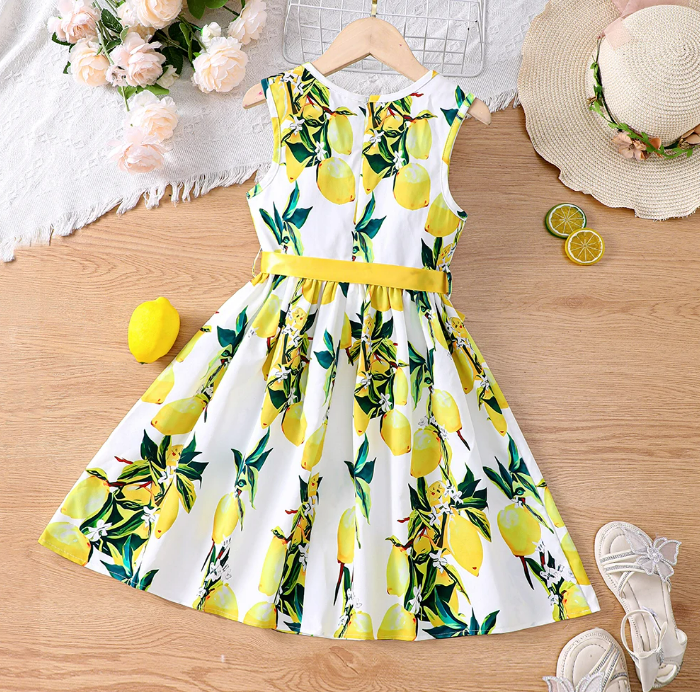 The Daphne - Baby Girl Romantic Yellow Floral Countryside Vacation Style Bow & Tie Dress