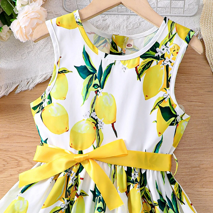 The Daphne - Baby Girl Romantic Yellow Floral Countryside Vacation Style Bow & Tie Dress