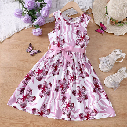 The Daphne - Baby Girl Romantic Purple Floral Countryside Vacation Style Bow & Tie Dress