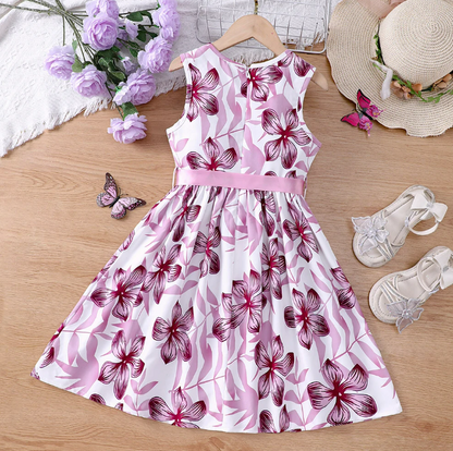 The Daphne - Baby Girl Romantic Purple Floral Countryside Vacation Style Bow & Tie Dress