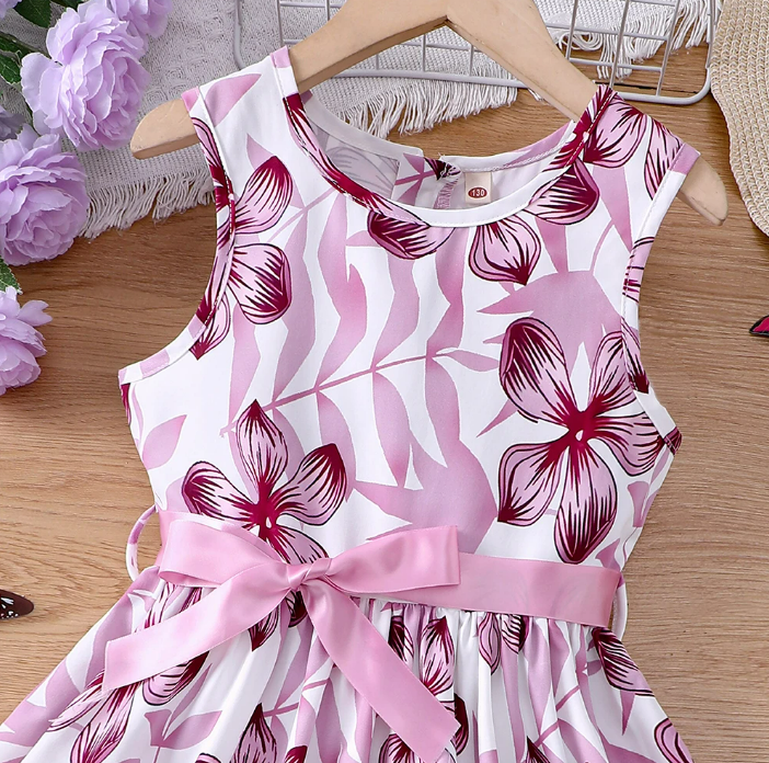 The Daphne - Baby Girl Romantic Purple Floral Countryside Vacation Style Bow & Tie Dress