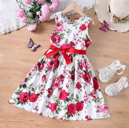 The Daphne - Baby Girl Romantic Red Floral Countryside Vacation Style Bow & Tie Dress