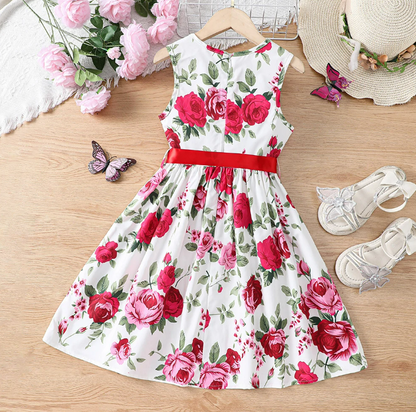 The Daphne - Baby Girl Romantic Red Floral Countryside Vacation Style Bow & Tie Dress