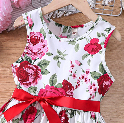 The Daphne - Baby Girl Romantic Red Floral Countryside Vacation Style Bow & Tie Dress