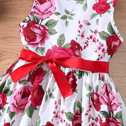 The Daphne - Baby Girl Romantic Red Floral Countryside Vacation Style Bow & Tie Dress