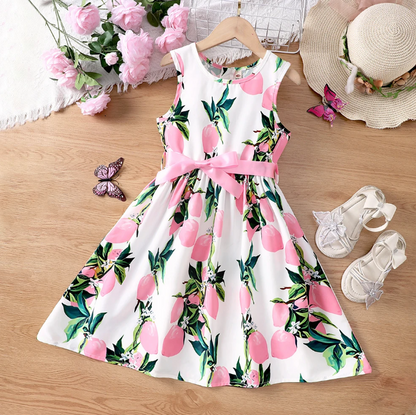 The Daphne - Baby Girl Romantic Pink Floral Countryside Vacation Style Bow & Tie Dress