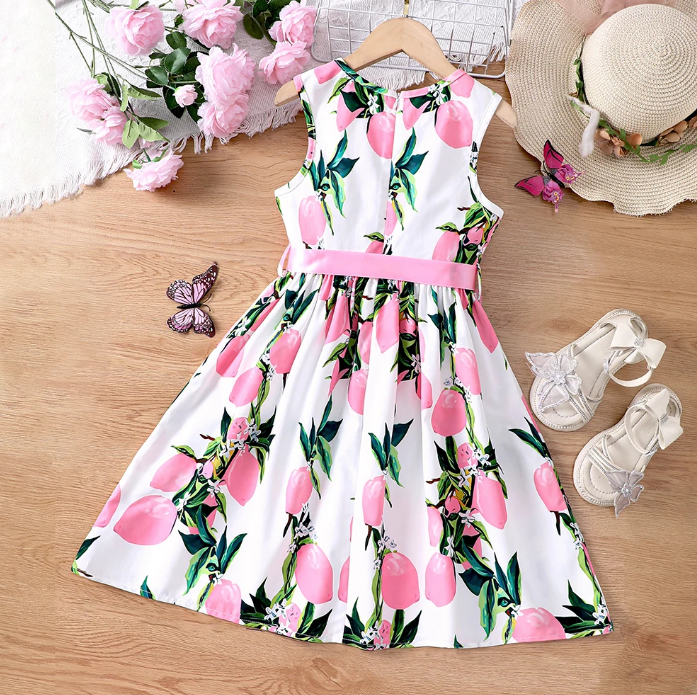 The Daphne - Baby Girl Romantic Pink Floral Countryside Vacation Style Bow & Tie Dress