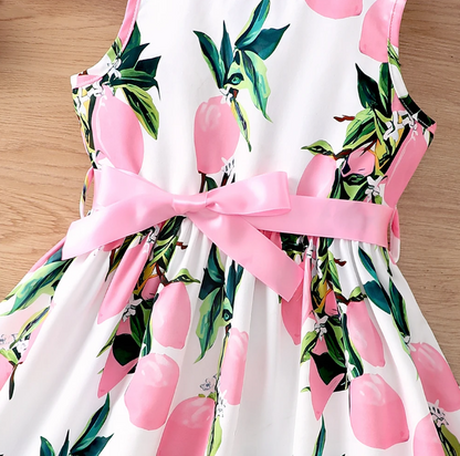 The Daphne - Baby Girl Romantic Pink Floral Countryside Vacation Style Bow & Tie Dress