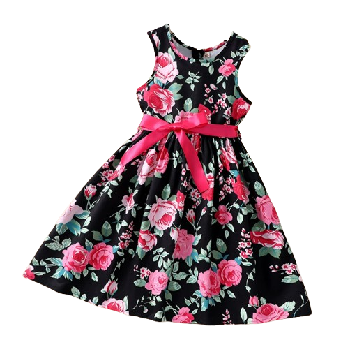 The Daphne - Baby Girl Romantic Black Floral Countryside Vacation Style Bow & Tie Dress