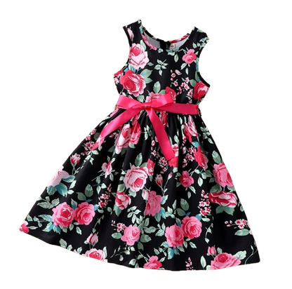 The Daphne - Baby Girl Romantic Black Floral Countryside Vacation Style Bow & Tie Dress