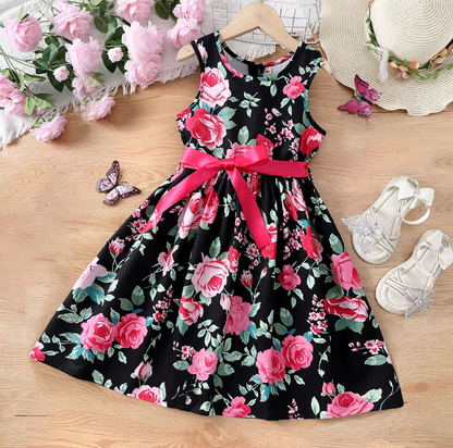 The Daphne - Baby Girl Romantic Black Floral Countryside Vacation Style Bow & Tie Dress