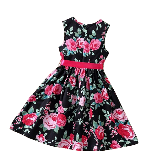 The Daphne - Baby Girl Romantic Black Floral Countryside Vacation Style Bow & Tie Dress