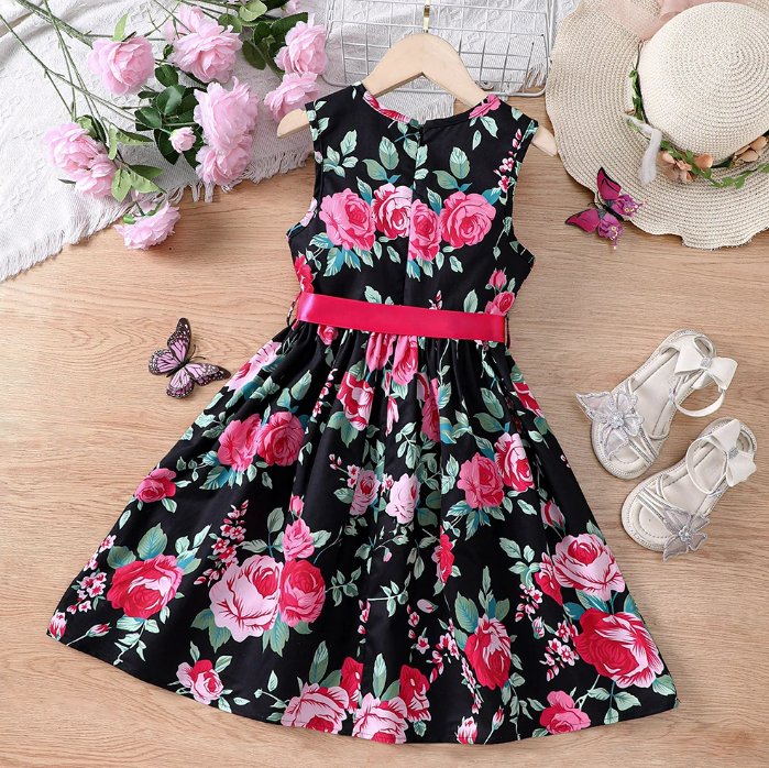 The Daphne - Baby Girl Romantic Black Floral Countryside Vacation Style Bow & Tie Dress