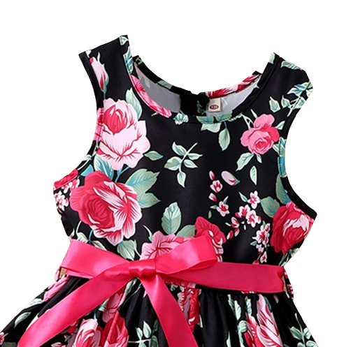 The Daphne - Baby Girl Romantic Black Floral Countryside Vacation Style Bow & Tie Dress