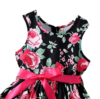 The Daphne - Baby Girl Romantic Black Floral Countryside Vacation Style Bow & Tie Dress