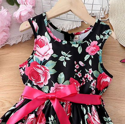 The Daphne - Baby Girl Romantic Black Floral Countryside Vacation Style Bow & Tie Dress