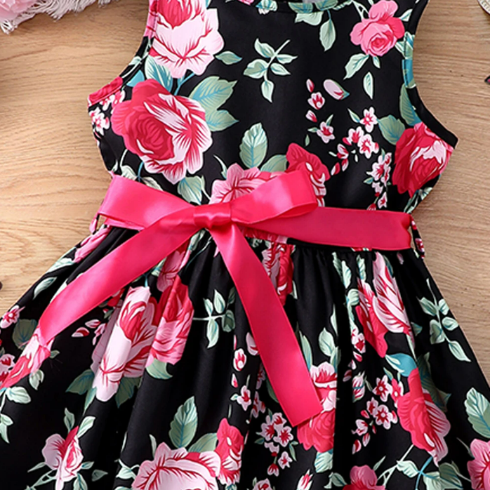 The Daphne - Baby Girl Romantic Black Floral Countryside Vacation Style Bow & Tie Dress