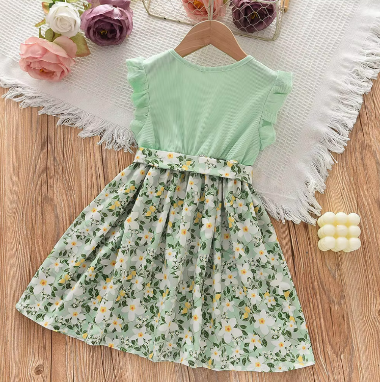 The Charlotte - Baby Girl Green Sweet Kids Flowers Patchwork Dress