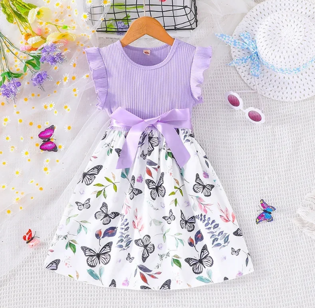 The Mia - Baby Girl Ruffled Sleeve Butterfly Floral Dress with Belt