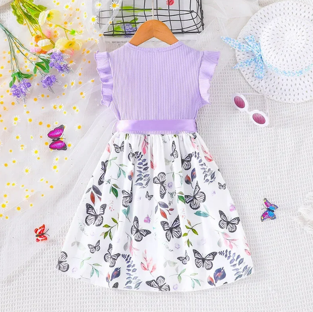 The Mia - Baby Girl Ruffled Sleeve Butterfly Floral Dress with Belt