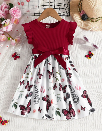 The Mia - Baby Girl Ruffled Sleeve Butterfly Floral Dress with Belt