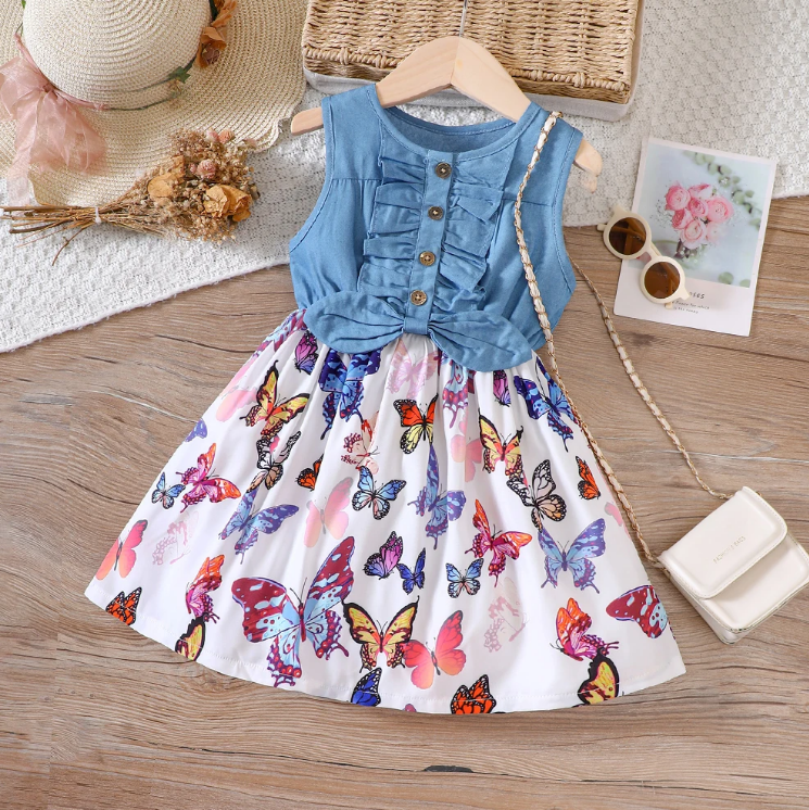 The Isabella - Baby Girl Blue Butterfly Denim Patchwork Printed Vest Dress