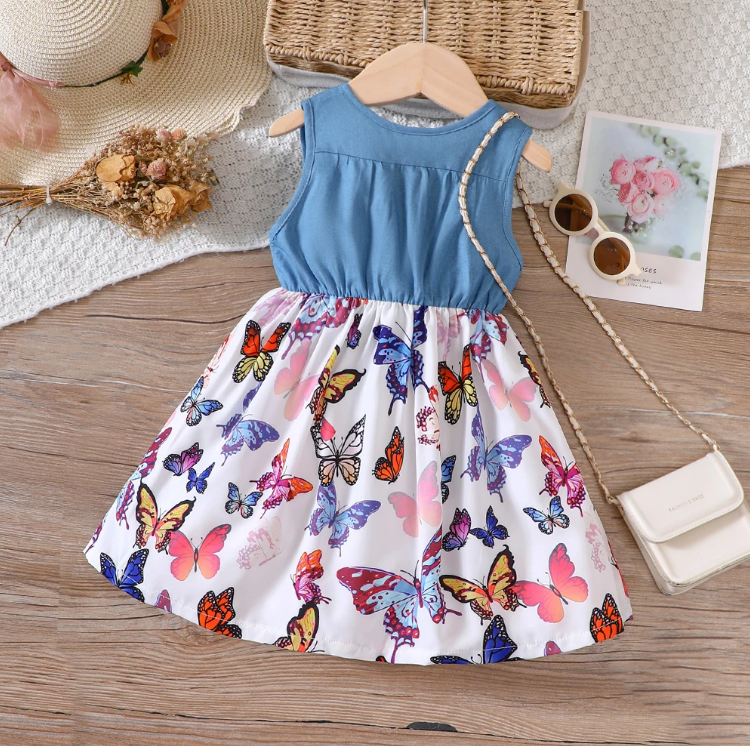 The Isabella - Baby Girl Blue Butterfly Denim Patchwork Printed Vest Dress