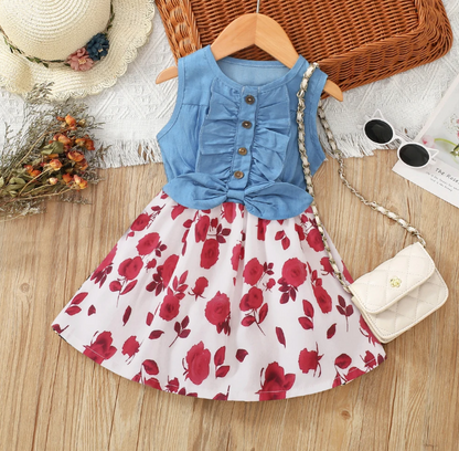 The Isabella - Baby Girl Red Floral Denim Patchwork Printed Vest Dress