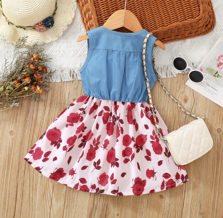 The Isabella - Baby Girl Red Floral Denim Patchwork Printed Vest Dress