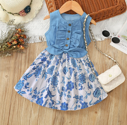 The Isabella - Baby Girl Blue Floral Denim Patchwork Printed Vest Dress