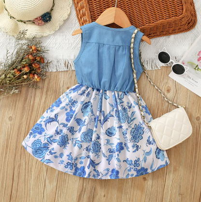 The Isabella - Baby Girl Blue Floral Denim Patchwork Printed Vest Dress