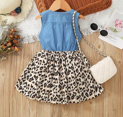 The Isabella - Baby Girl Leopard Denim Patchwork Printed Vest Dress