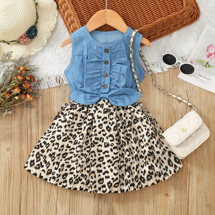 The Isabella - Baby Girl Leopard Denim Patchwork Printed Vest Dress