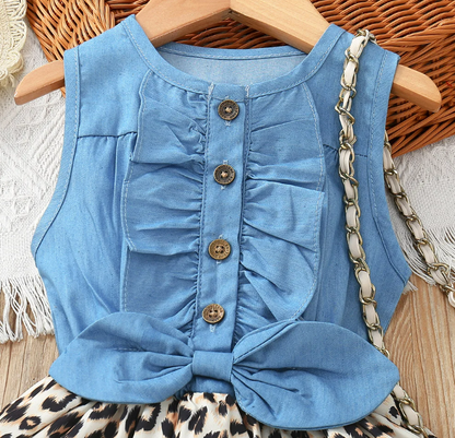 The Isabella - Baby Girl Leopard Denim Patchwork Printed Vest Dress