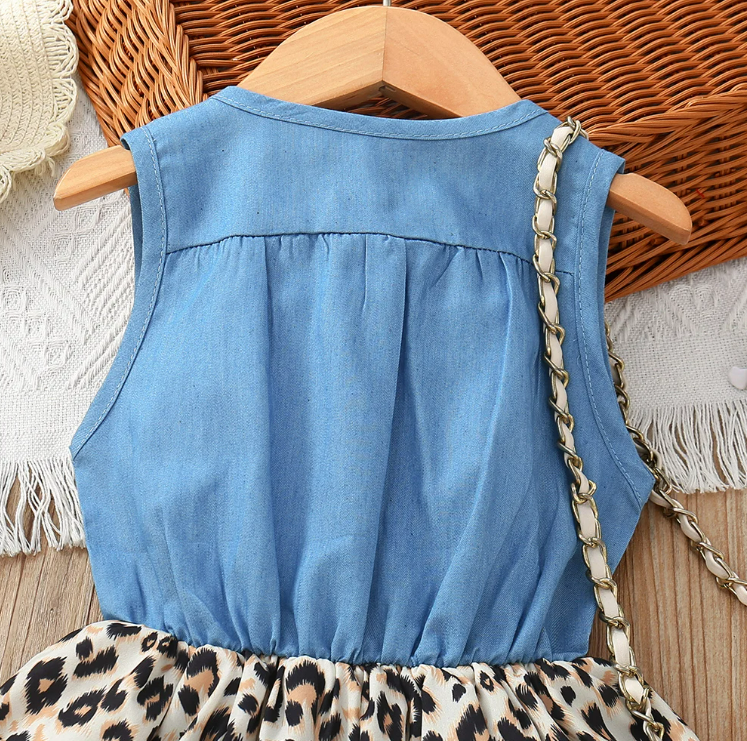 The Isabella - Baby Girl Leopard Denim Patchwork Printed Vest Dress