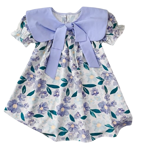 The Ava - Baby Girl Flip Neck Bow Flower Print Bubble Sleeve Dress