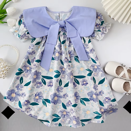 The Ava - Baby Girl Flip Neck Bow Flower Print Bubble Sleeve Dress