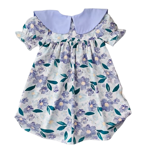 The Ava - Baby Girl Flip Neck Bow Flower Print Bubble Sleeve Dress