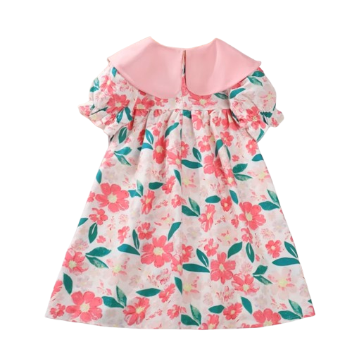 The Ava - Baby Girl Flip Neck Bow Flower Print Bubble Sleeve Dress