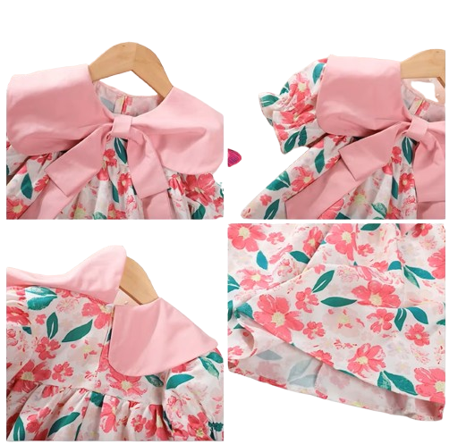 The Ava - Baby Girl Flip Neck Bow Flower Print Bubble Sleeve Dress