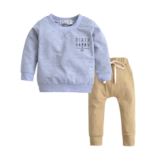 The Waylen - Baby Boy Long Sleeve Grey Dirty Harry Sweater + Khaki Trousers