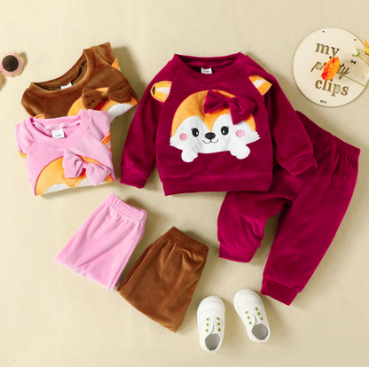 The Nora - Baby Girl Fleece Cute Bow Fox Fluff Long Sleeve + Pants