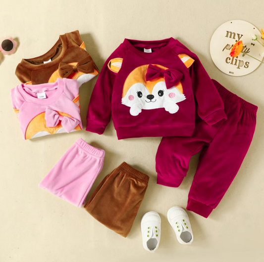 The Nora - Baby Girl Fleece Cute Bow Fox Fluff Long Sleeve + Pants