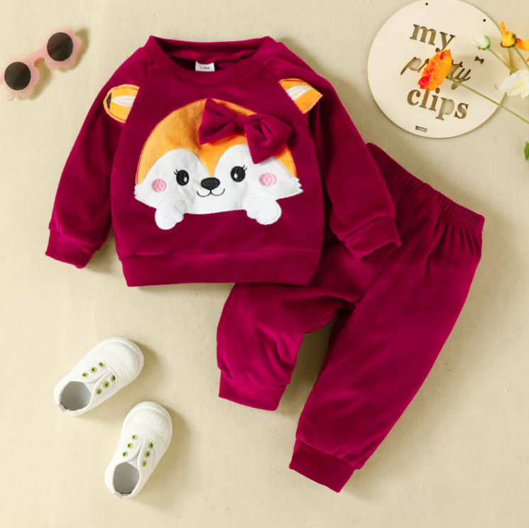 The Nora - Baby Girl Fleece Cute Bow Fox Fluff Long Sleeve + Pants